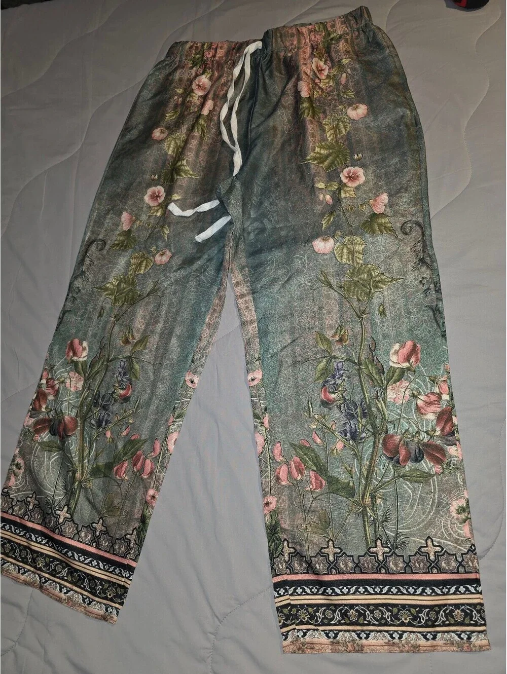Women's Floral Blue Casual Drawstring Elastic Casual Pants No Pockets- XL